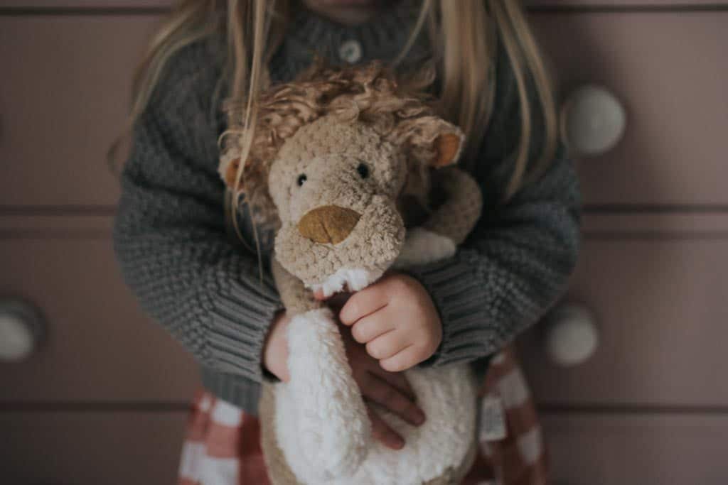 The Moulin Roty Lion being hugged by a girl