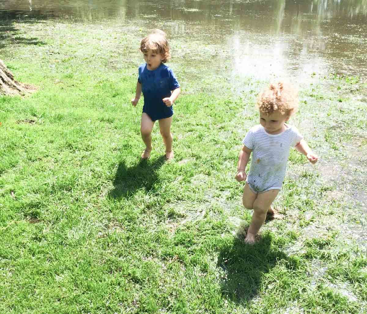 Running across flooded grass