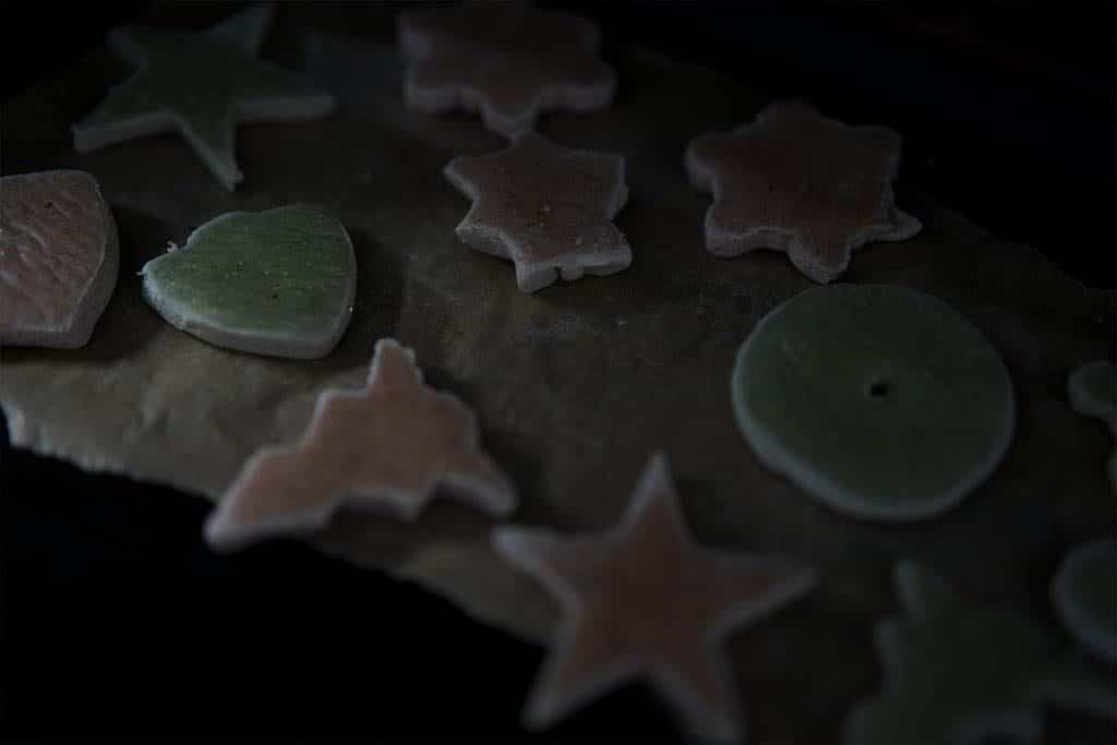 Salt dough shapes on a tray