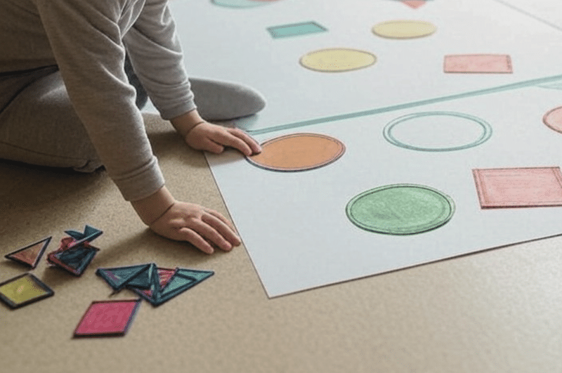 Child playing with colourful magnetic tiles on the floor